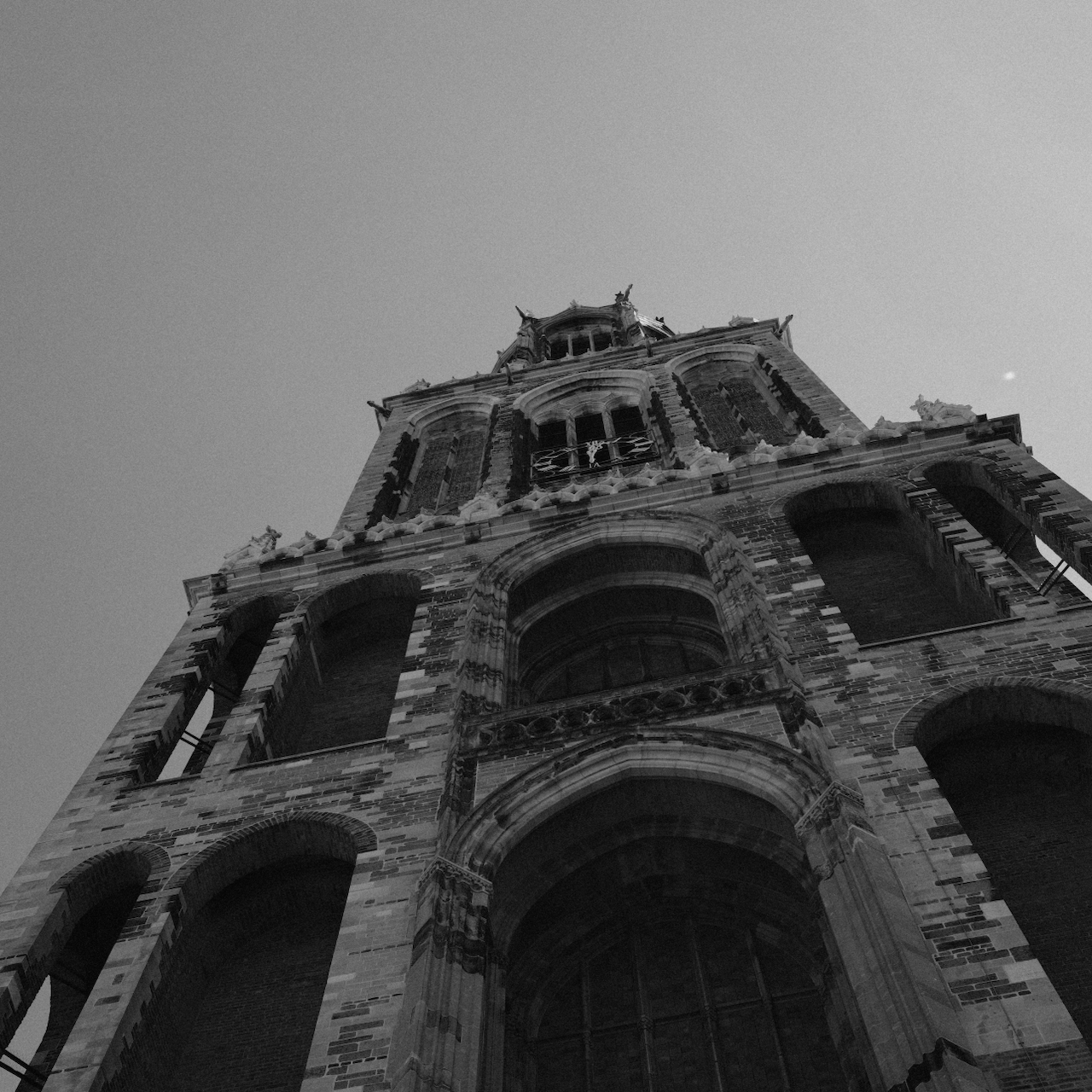 The Dom Tower photographed from below in black and white
