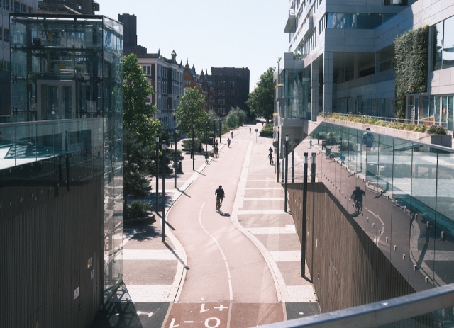 A cyclist on the sunlit route beside Utrecht Centraal