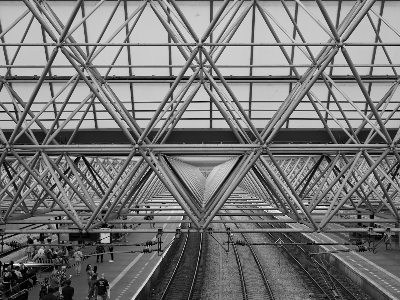 The geometric steel canopy and railway platforms at Zaandam station in black and white