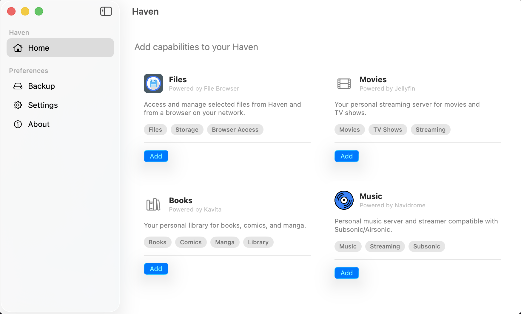 The Haven interface showing Files, Movies, Books and Music capabilities