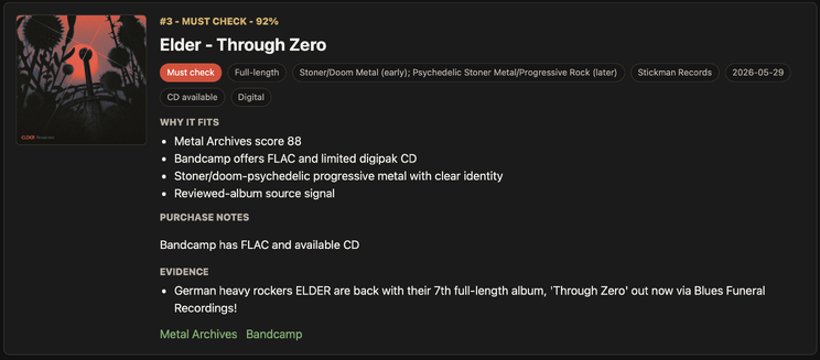 A generated recommendation card for the Elder album Through Zero