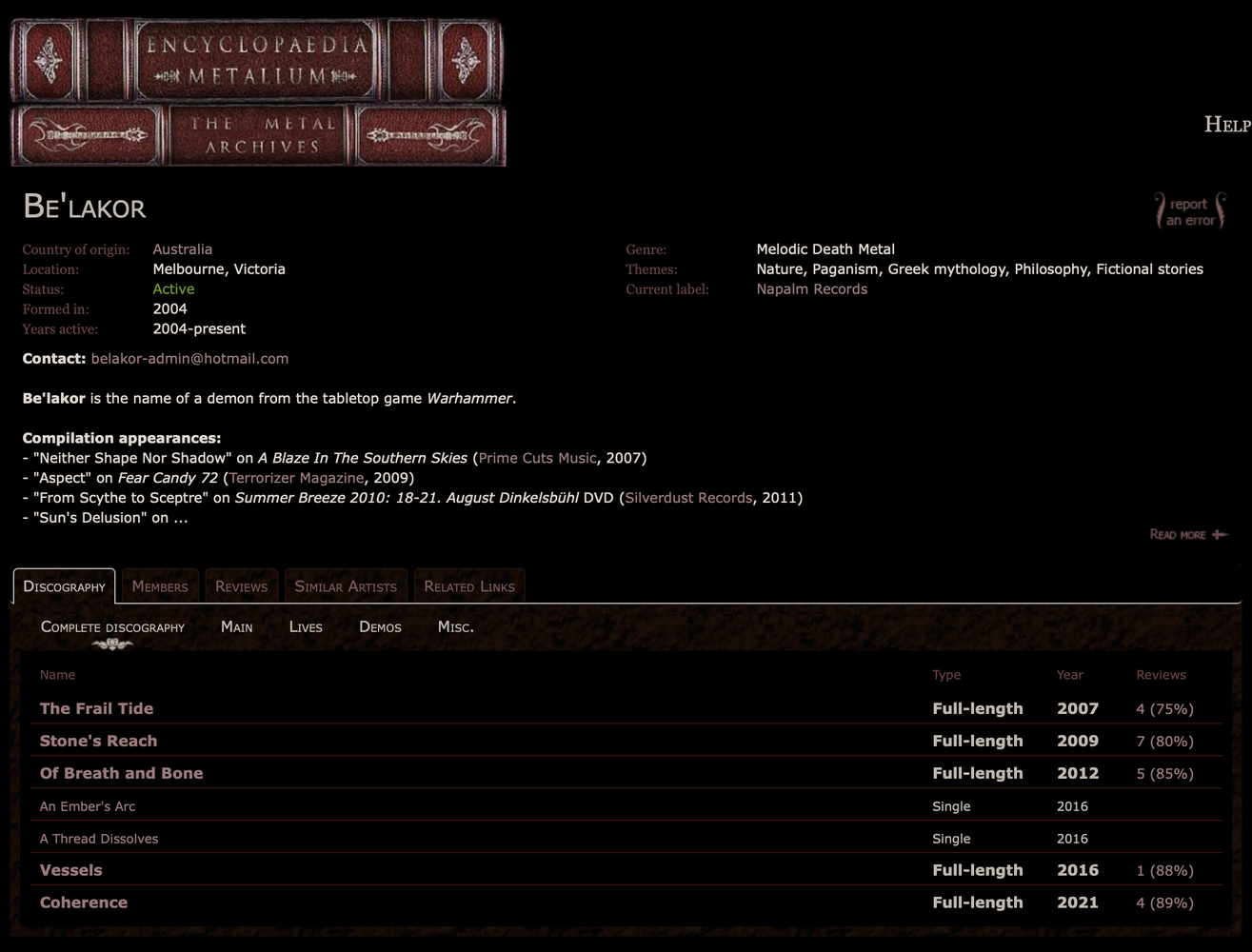 Metal Archives page showing structured band and discography information for Be’lakor