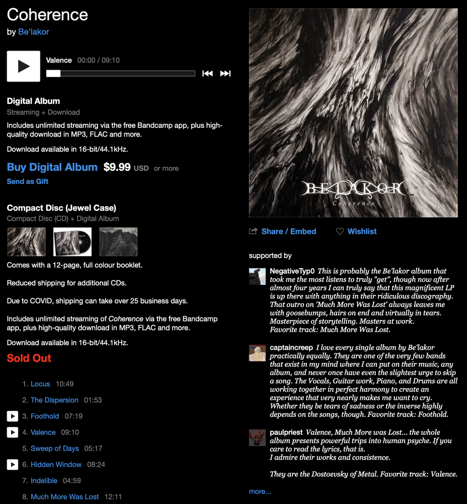 Bandcamp page for Be’lakor’s Coherence showing digital and compact disc purchase options