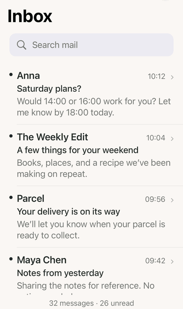 Animated inbox overview showing Anna’s Saturday plans alongside newsletters, a delivery update and other messages
